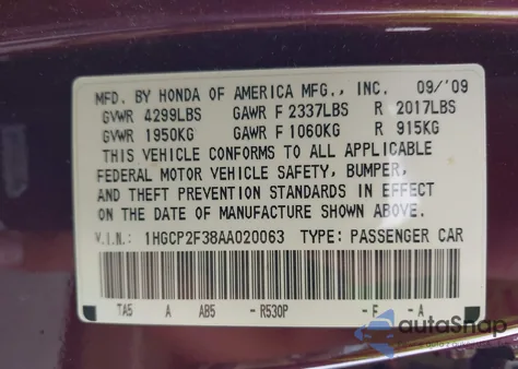 2010 Honda Accord 2.4 Lx from USA, damaged, VIN 1HGCP2F38AA020063
